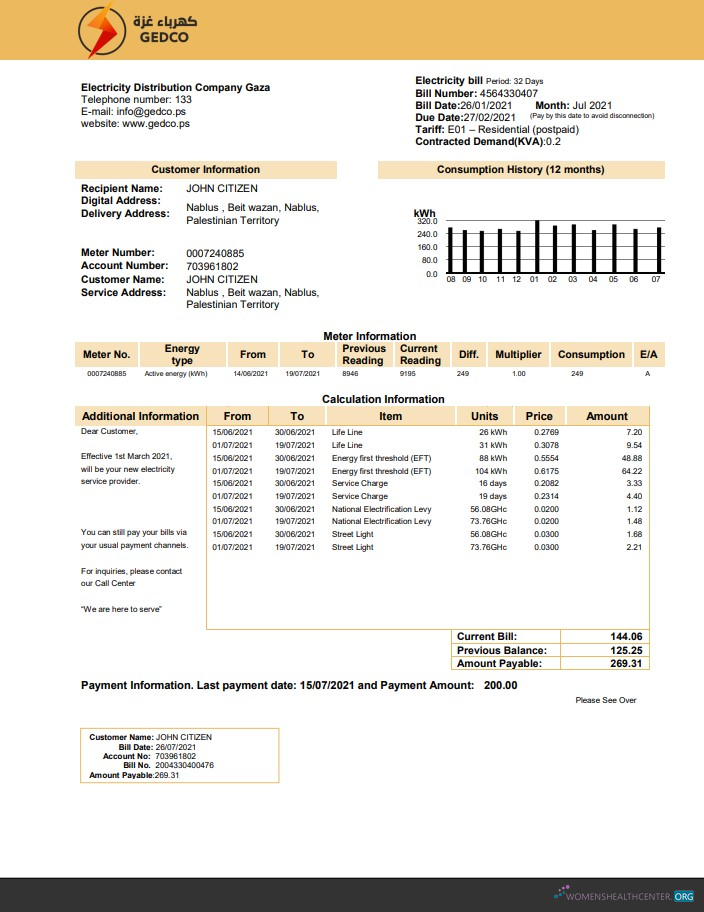 Palestine Electricity Distribution Company Gaza (GEDCO) utility bill template in Word and PDF format